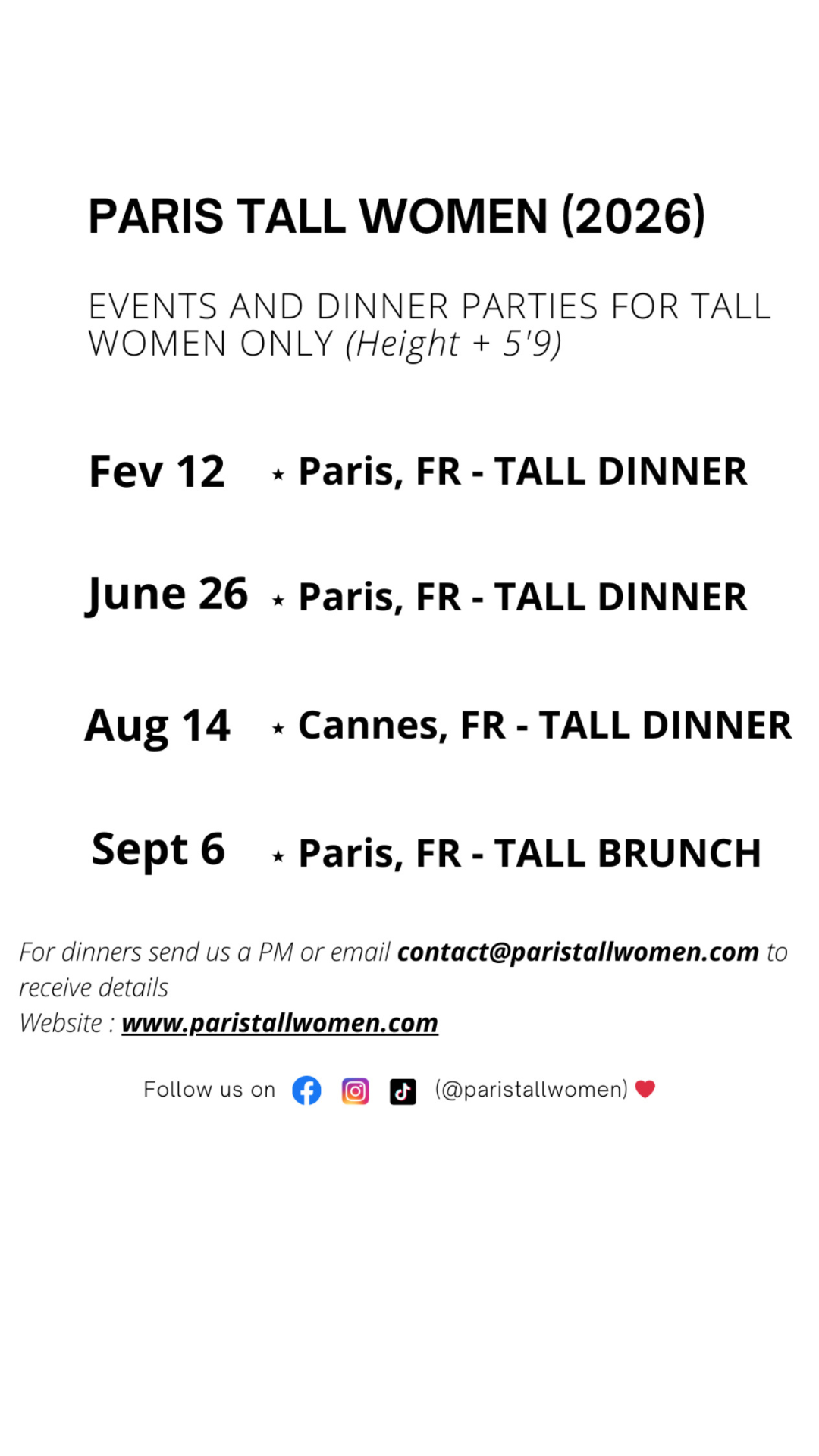Le calendrier des évènements PARIS TALL WOMEN 2026